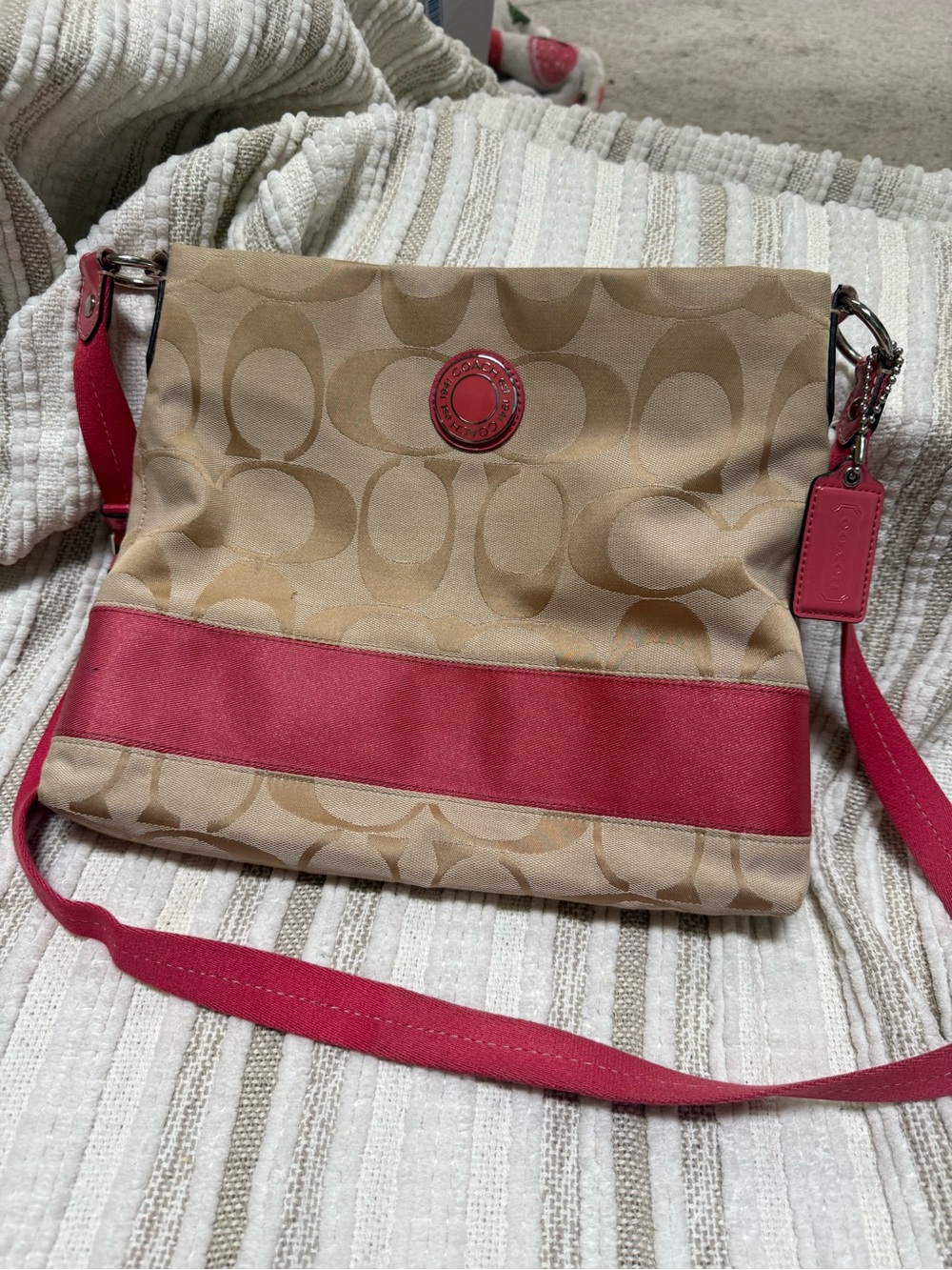 Coach Beige Signature Crossbody with Pink Strap